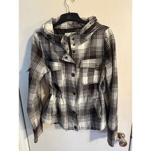 BB Dakota Plaid Hooded Utility Jacket Women's Size L Wool Blend‎ Brown White